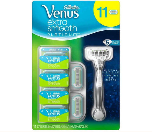 Venus Platinum Extra Smooth Metal Handle Women's Razor, 1 Handle + 11 Refills - Fit2marts.com