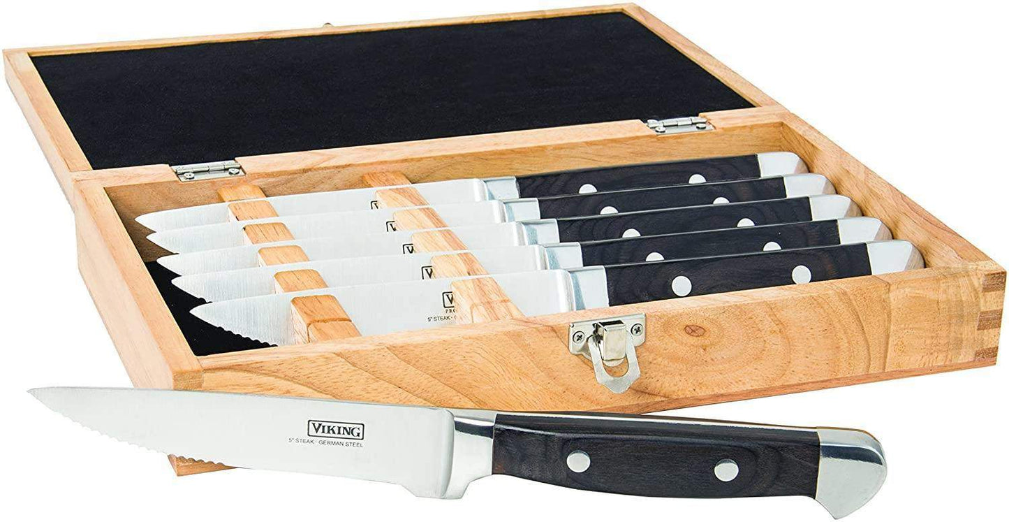 Viking 8-Piece Steakhouse Steak Knife Set with Storage Box, Black - Fit2marts.com